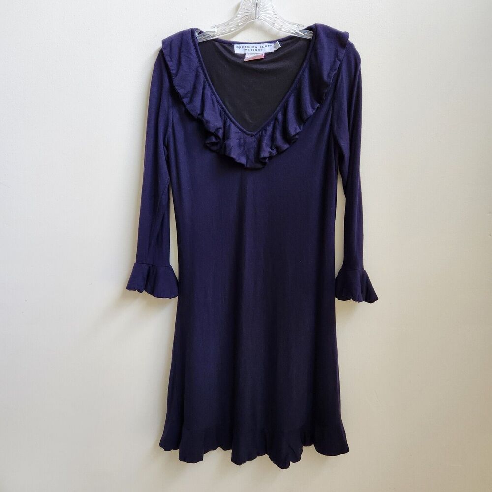 Gretchen Scott Dress Women's S Navy Ruffle High Collar Vneck Minimalist Office